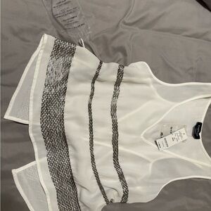 Bebe Sheer White & Silver-beaded Top